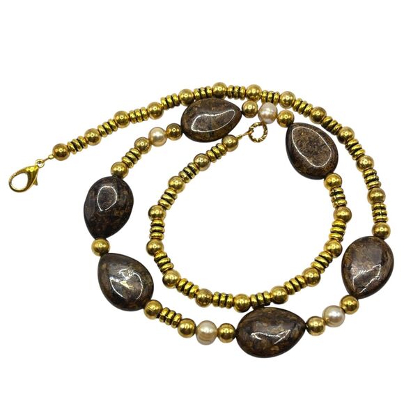 Handmade Brown Polished Gemstone Beaded Necklace Gold Tone Artisan Boho Jewelry - Picture 1 of 7